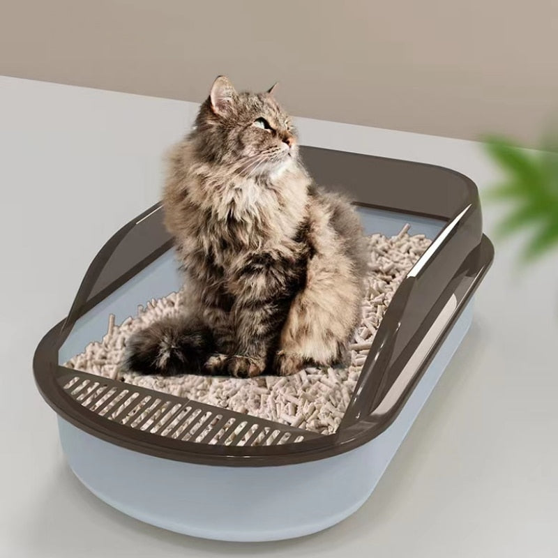 Open Cat Litter Box With a Splash Proof Guard.